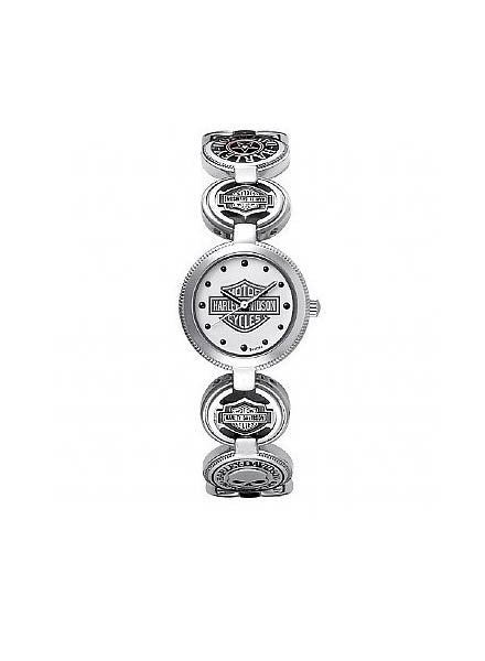 Bulova Womens Harley-Davidson Stainless Steel Coin Link Collection Stainless Steel White Enamel Dial WR50