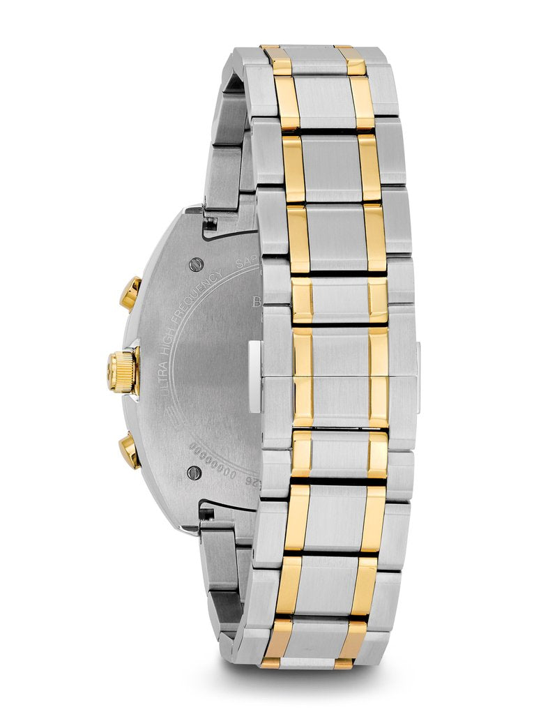 Bulova Mens Watch Curv Chrono Stainless Steel White GP/ Two-Tone Strap WR 30