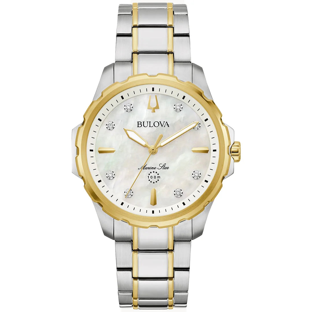 Bulova Ladies Marine Star White MOP Dial 8 Diamonds SS Sapphire Glass WR100