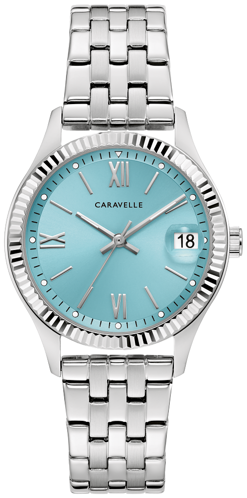 Bulova Ladies Caravelle Dress Silver-Tone Stainless Steel Case, Silver-Tone Stainless Steel Bracelet, Aqua Dial, WR 30M