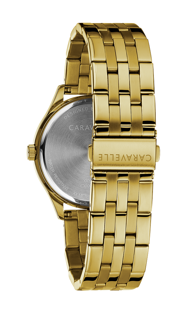 Bulova Mens Caravelle Dress Gold-Tone Stainless Steel Case, Gold-Tone Stainless Steel Bracelet, Black Dial, WR 30M