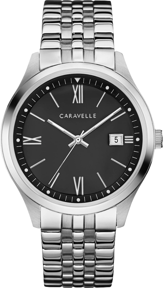 Bulova Mens Caravelle Dress Silver-Tone Stainless Steel Case, Silver-Tone Stainless Steel Bracelet, Black Dial, WR 30M
