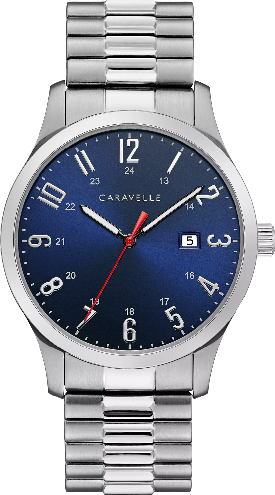 Bulova Mens Caravelle Traditional Silver-Tone Stainless Steel Case, Silver-Tone Stainless Steel Expansion, Blue Dial, WR 30M
