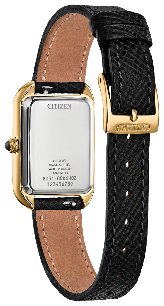 Citizen Ladies Eco-Drive Dress Classic Gold-Tone Stainless Steel Case, Black Leather Strap, Black Dial, WR 30M
