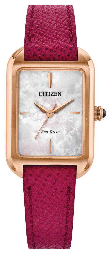 Citizen Ladies Eco-Drive Dress Classic Rose Gold-Tone Stainless Steel Case, Pink Leather Strap, White Mother of Pearl Dial, WR 30M