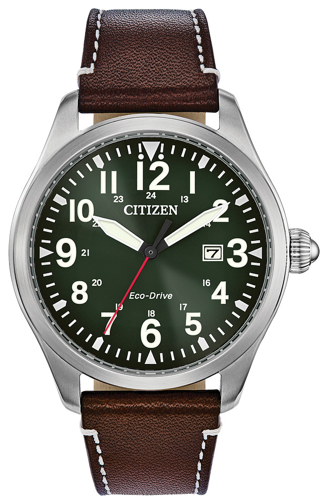 Citizen Mens Eco-Drive Garrison Sport Casual Silver-Tone Stainless Steel Case, Brown Leather Strap, Green Dial, WR 100M