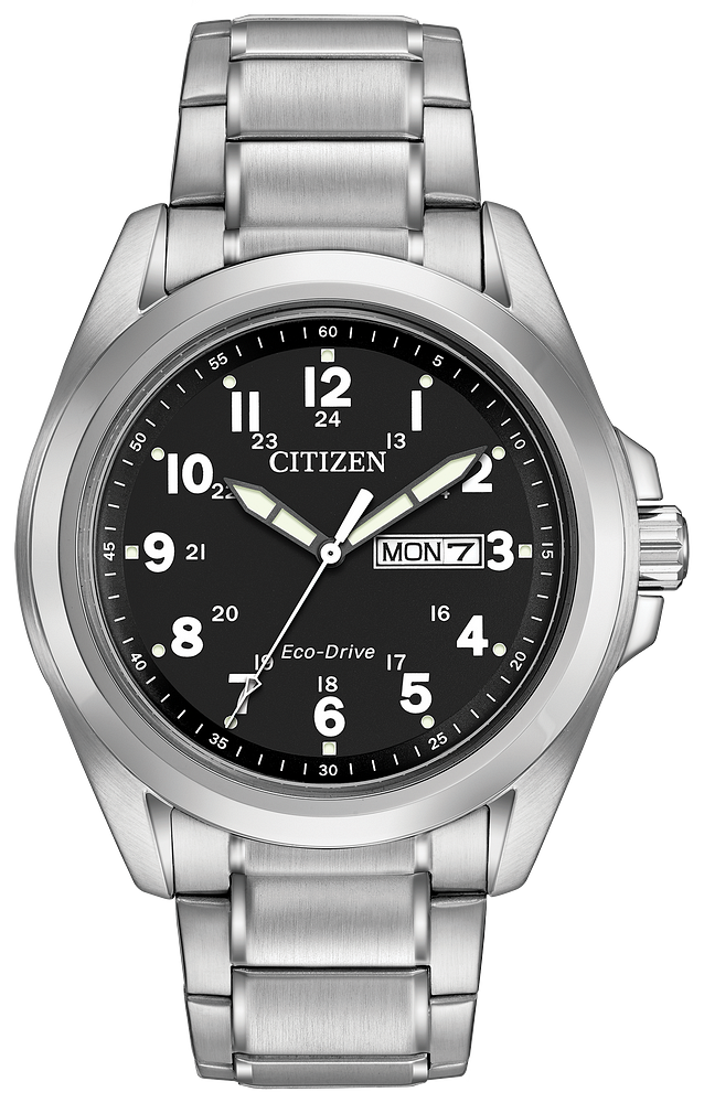 Citizen Mens Eco-Drive Garrison Sport Casual Silver-Tone Stainless Steel Case, Silver-Tone Stainless Steel Bracelet, Black Dial, WR 100M