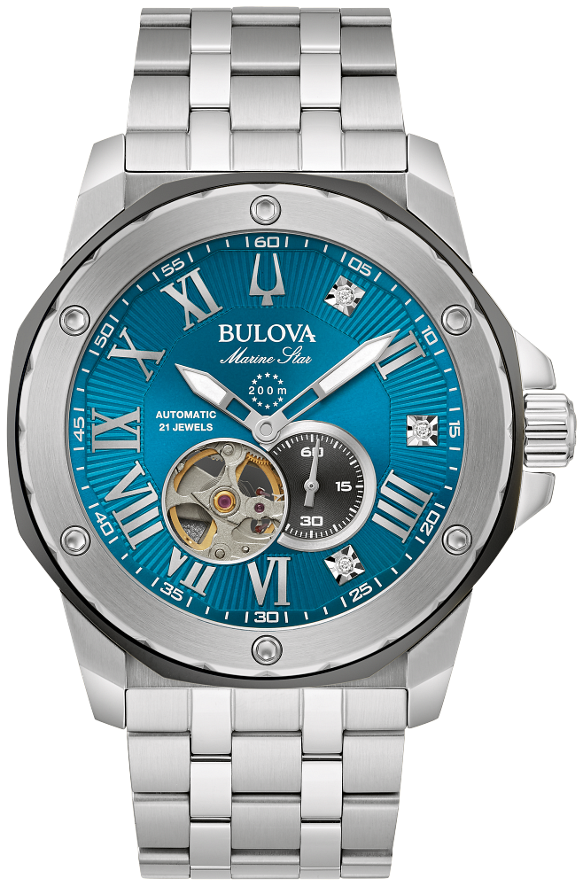 Bulova Mens Marc Anthony Marine Star Series A Silver-Tone Stainless Steel Case, Silver-Tone Stainless Steel Bracelet, Blue Dial, WR 200M