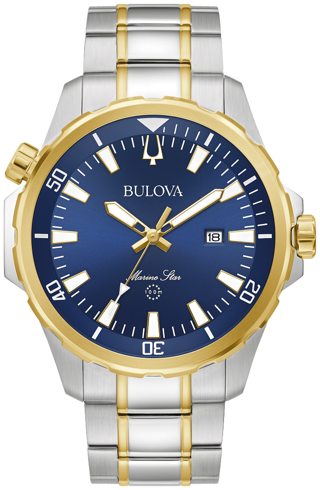 Bulova Mens Marine Star Series B Two-Tone Stainless Steel Case, Two-Tone Stainless Steel Bracelet, Blue Dial, WR 100M