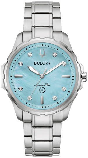 Bulova Ladies Marine Star Series B Silver-Tone Stainless Steel Case, Silver-Tone Stainless Steel Bracelet, Blue Mother of Pearl Dial, WR 100M