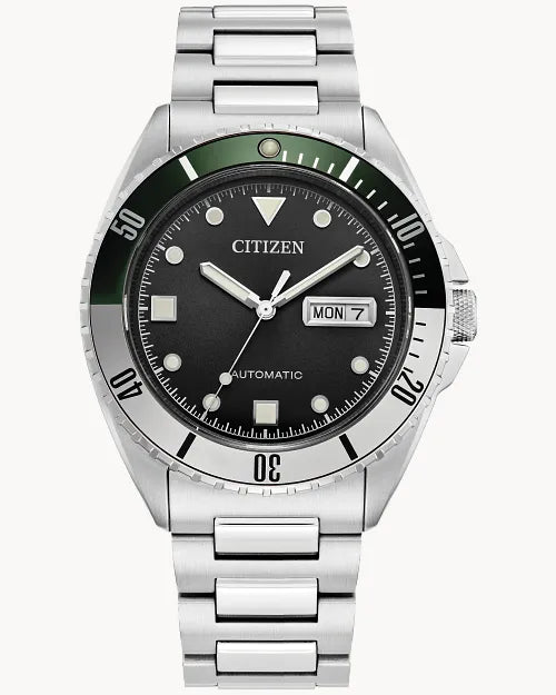 Citizen Mens Automatic Sport AUTO Silver-Tone Stainless Steel Case, Silver-Tone Stainless Steel Bracelet, Black Dial, WR 100M