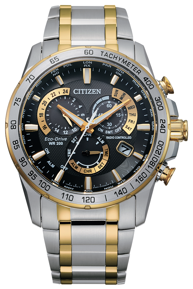 Citizen Mens Eco-Drive PCAT Atomic Timekeeping Two-Tone Stainless Steel Case, Two-Tone Stainless Steel Bracelet, Black Dial, WR 200M