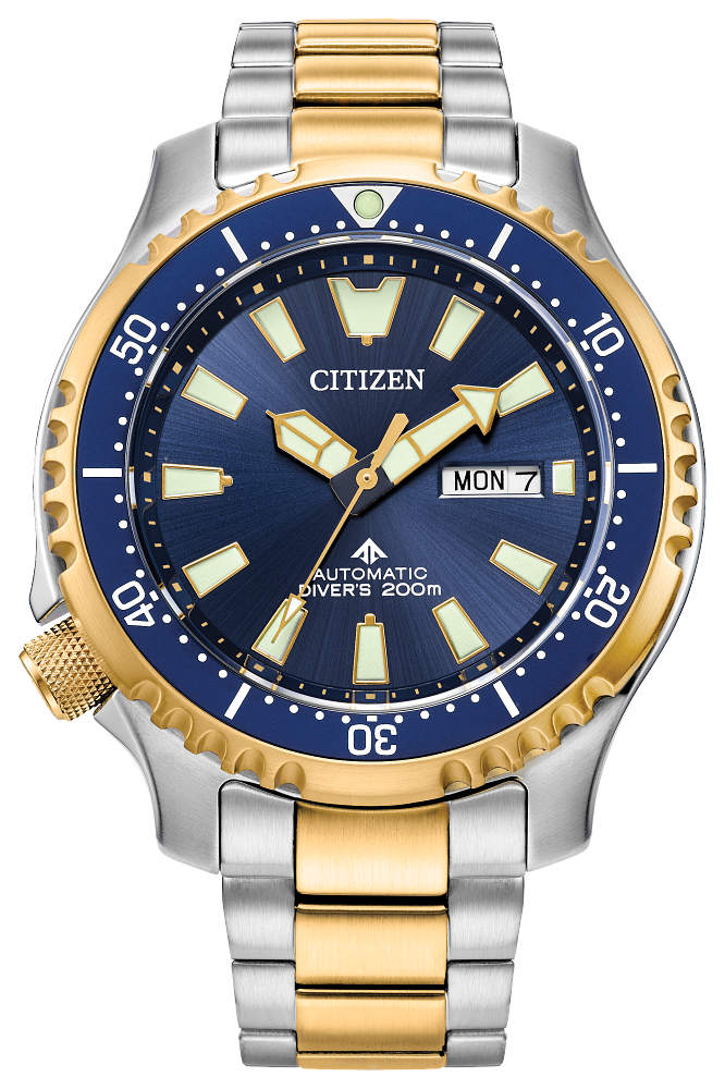 Citizen Mens Automatic Fugu CITAUTO Two-Tone Stainless Steel Case, Two-Tone Stainless Steel Bracelet, Blue Dial, WR 200M