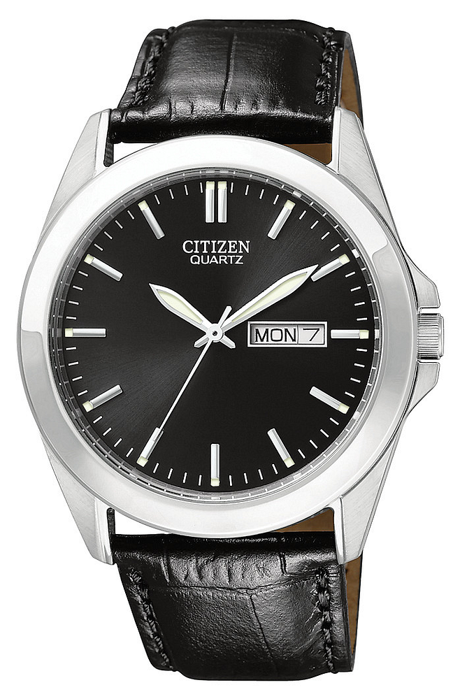Citizen Mens Quartz Silver-Tone Stainless Steel Case, Black Leather Strap, Black Dial, WR 30M