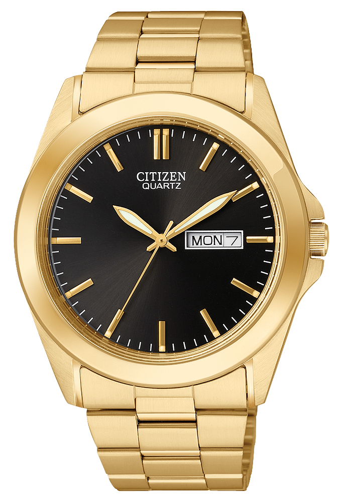 Citizen Mens Quartz Gold-Tone Stainless Steel Case, Gold-Tone Stainless Steel Bracelet, Black Dial, WR 30M