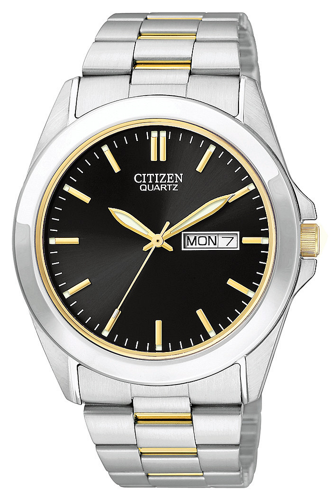 Citizen Mens Quartz Two-Tone Stainless Steel Case, Two-Tone Stainless Steel Bracelet, Black Dial, WR 30M