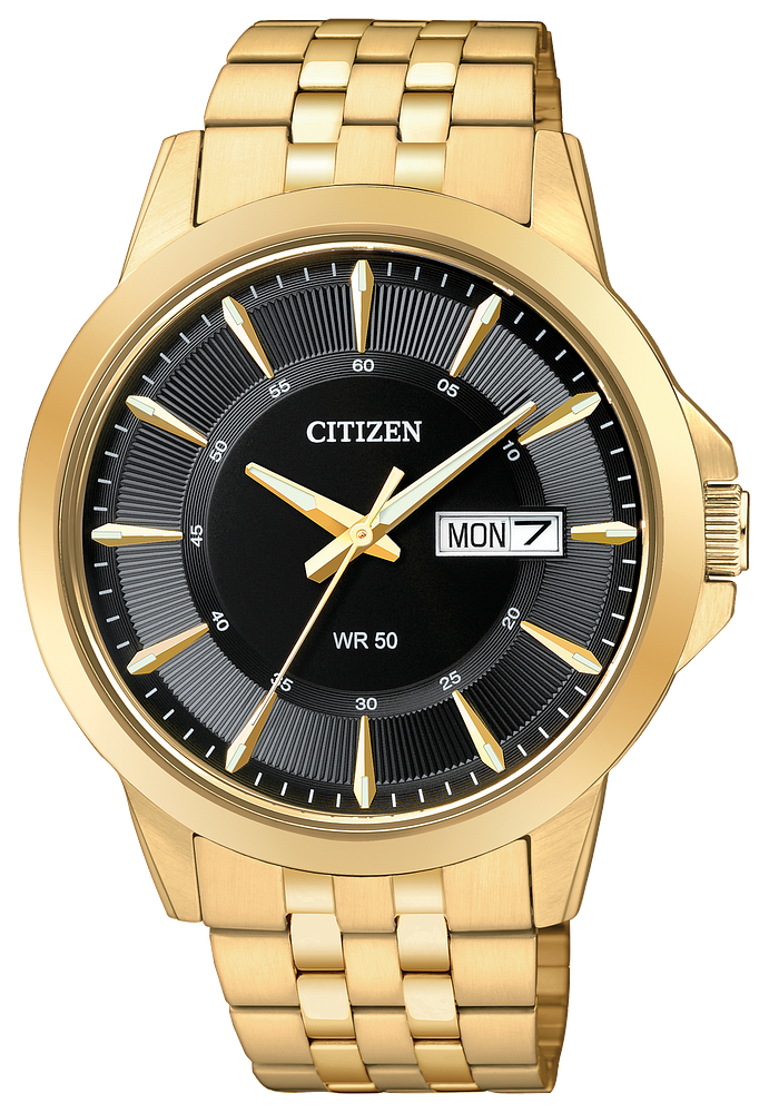 Citizen Mens Quartz Gold-Tone Stainless Steel Case, Gold-Tone Stainless Steel Bracelet, Black Dial, WR 50M