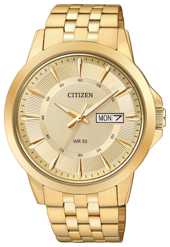 Citizen Mens Quartz Gold-Tone Stainless Steel Case, Gold-Tone Stainless Steel Bracelet, Champagne Dial, WR 50M