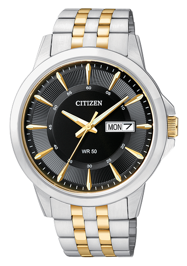 Citizen Mens Quartz Two-Tone Stainless Steel Case, Two-Tone Stainless Steel Bracelet, Black Dial, WR 50M