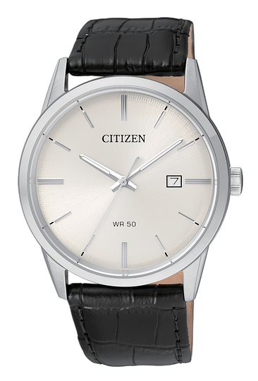 Citizen Mens Quartz Silver-Tone Stainless Steel Case, Black Leather Strap, White Dial, WR 50M