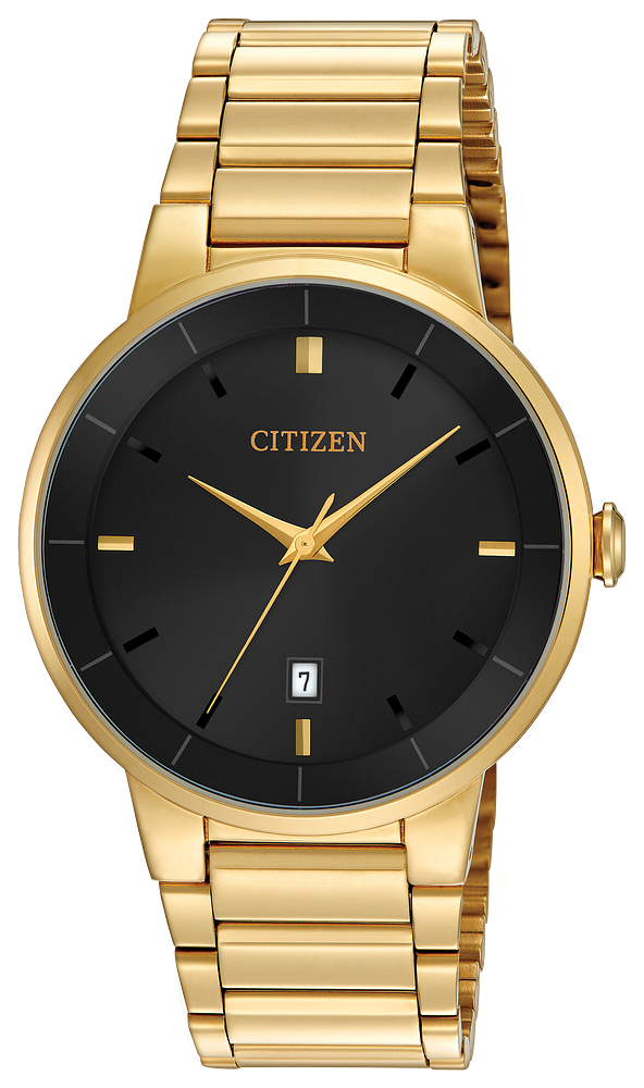 Citizen Mens Quartz Gold-Tone Stainless Steel Case, Gold-Tone Stainless Steel Bracelet, Black Dial, WR 50M