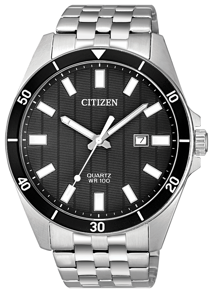 Citizen Mens Quartz Silver-Tone Stainless Steel Case, Silver-Tone Stainless Steel Bracelet, Black Dial, WR 100M