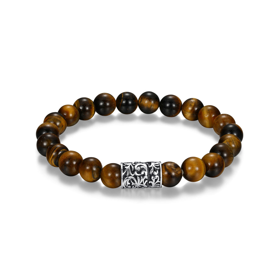 ETHOS "CHISEL" RHOD PLTD GEN TIGER EYE WITH BLACK OIL CLASP BEADS BRACELET