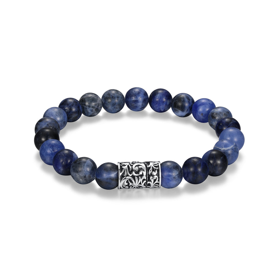 ETHOS "CHISEL" RHOD PLTD GEN SODALITE WITH BLACK OIL CLASP BEADS BRACELET