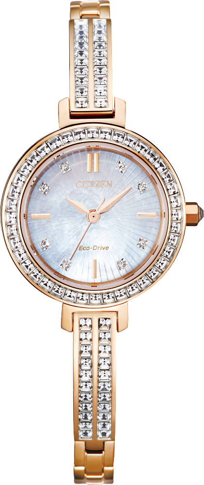 Citizen Ladies Eco-Drive Silhouette Crystal Dress/Classic Pink Gold-Tone Stainless Steel Case, Pink Gold-Tone Stainless Steel Bracelet, White Dial, WR 50M