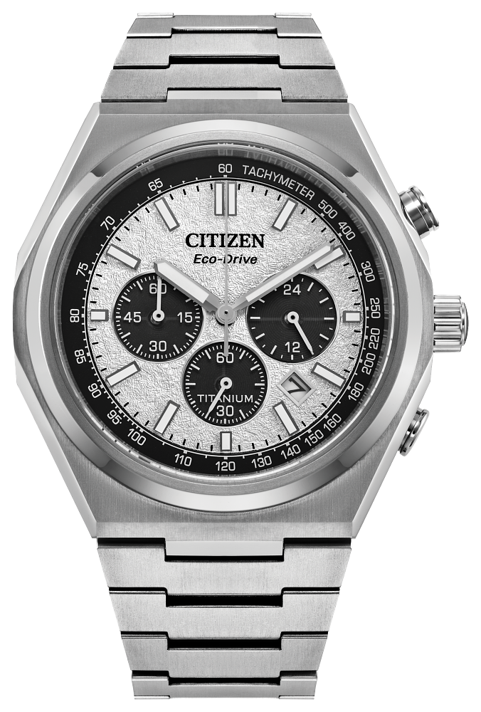 Citizen Mens Eco-Drive Zenshin Chrono Sport Luxury Silver-Tone Super Titanium Case, Silver-Tone Super Titanium Bracelet, Silver-White Dial, WR 100M