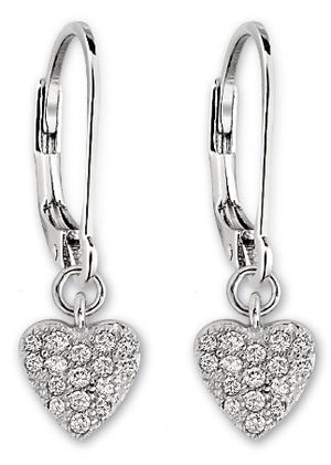 Sterling Silver Rhodium Plated Mini Cubic Zirconia Pave Heart Leverback Earring